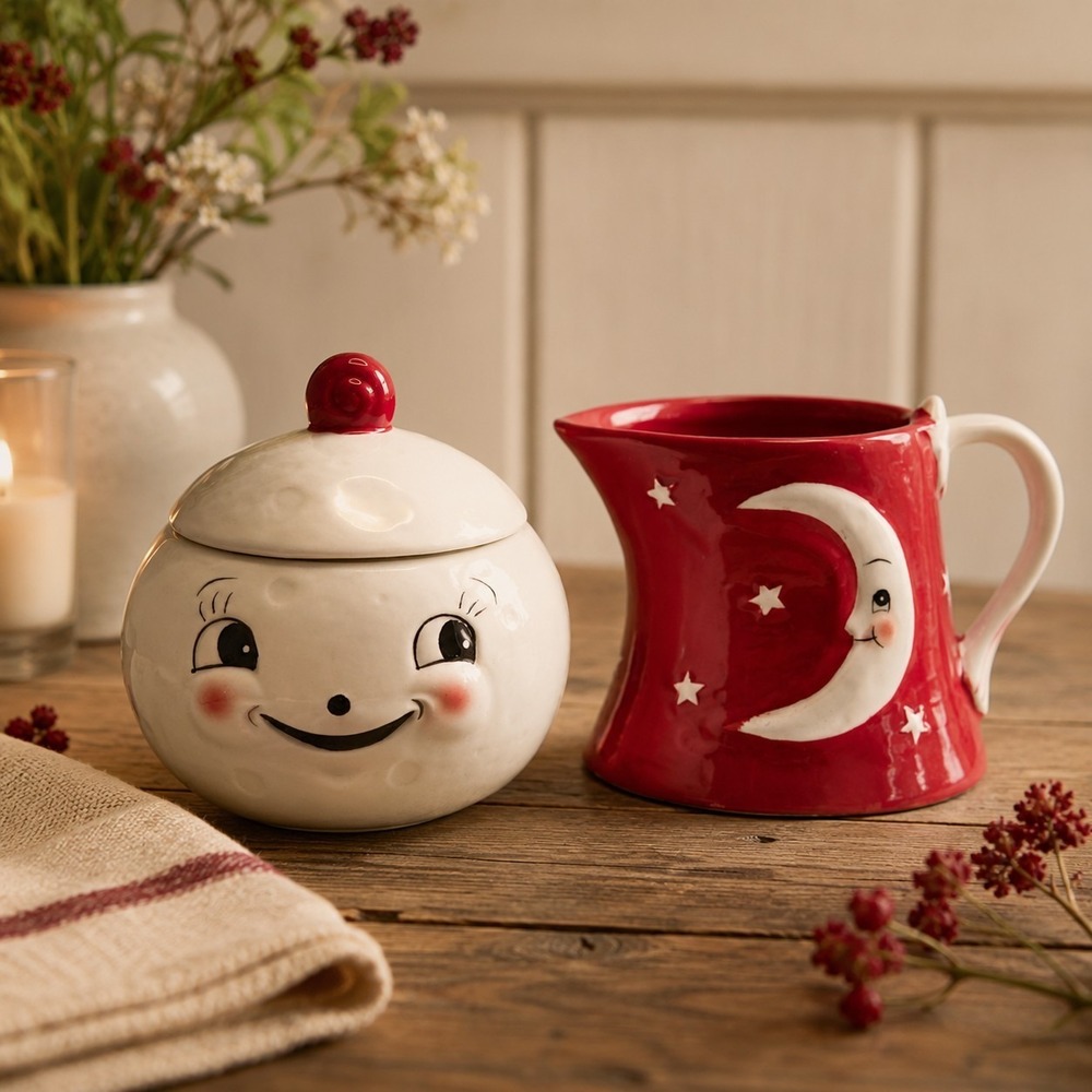 Johanna Parker Carnival Cottage Red Laughing Luna Ceramic Creamer & Sugar Set